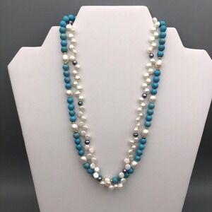 Zoe B 14K Necklace Gold Beaded Turquoise and Freshwater Pearl Double Strand 18"